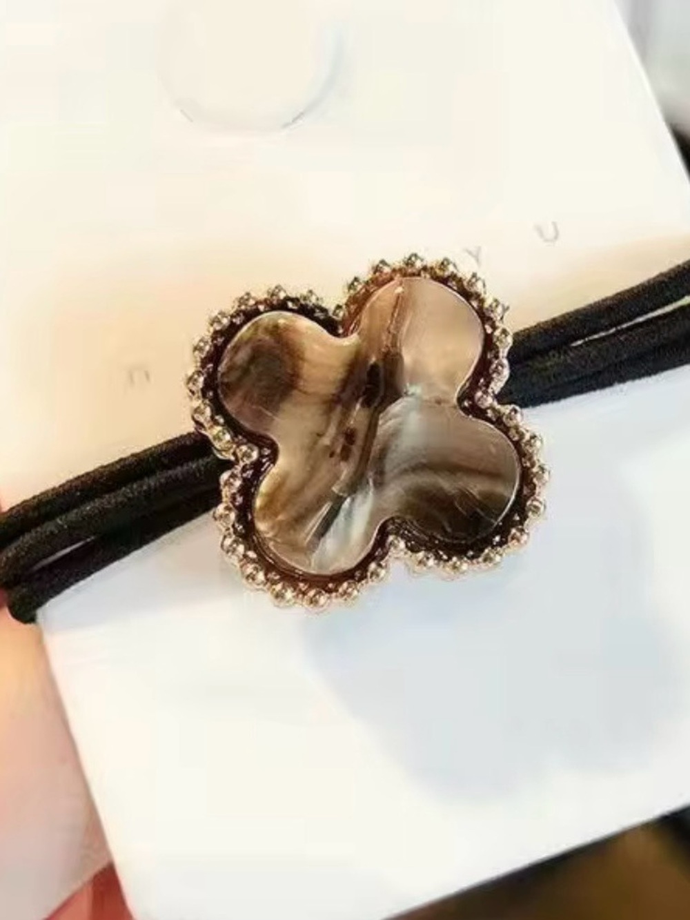 Macy's Brown Marbled Clover Shell Elastic Hair Tie with Gold Beaded Trim